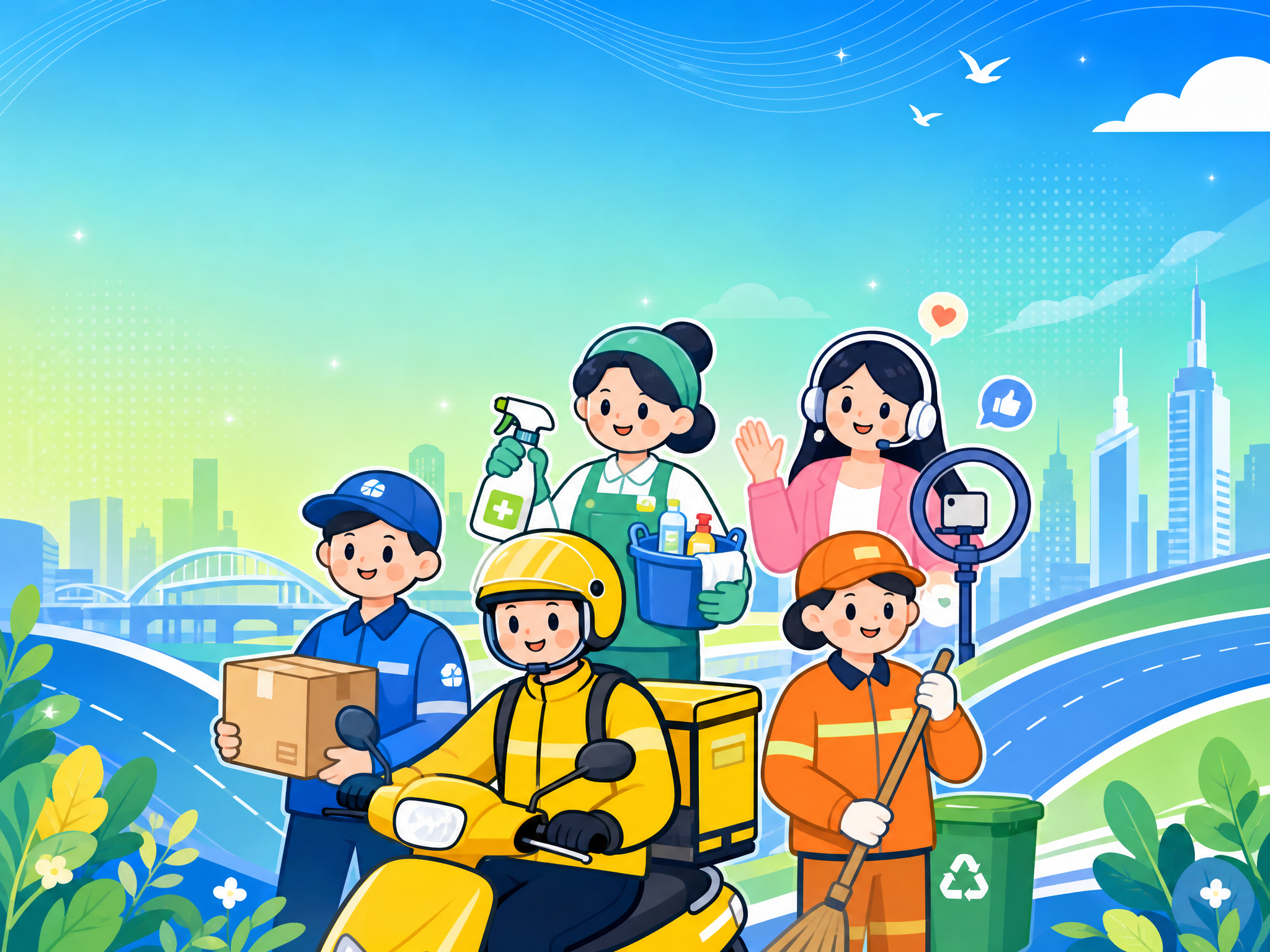 画册封面设计，使用参考图中的不同职业新就业群体卡通形象，背景为… - 图片创意预览