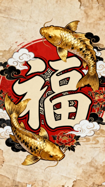 国潮风格，一条威严且风格化的金色锦鲤在祥云和牡丹图案中游动。一个巨大的、风格化的汉字“福”或“财”位于中心，内部填充有复杂的图案。配色：朱红、金、墨黑和象牙白。动态构图，背景有复古纸张纹理。预览效果