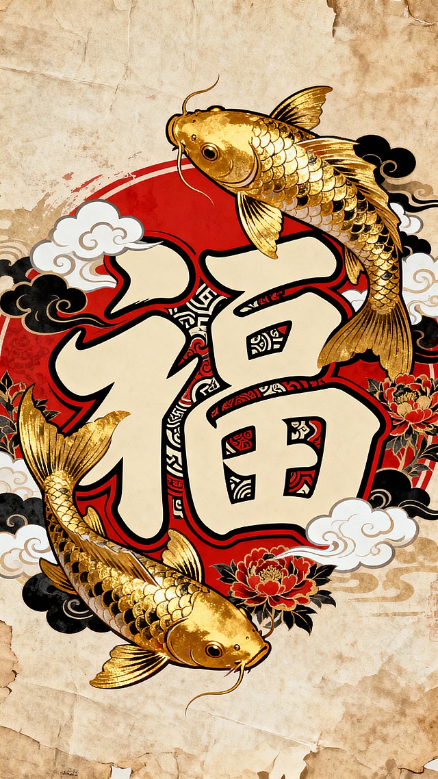 国潮风工笔绘金鲤跃动，鎏金浮雕“福”字居中，红底祥云牡丹环绕，复古纸纹衬托喜庆氛围，中式年味浓郁。