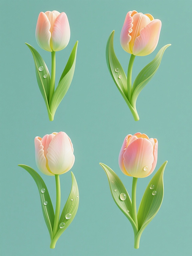 一套4个规整排布的素材，保持高清数字插画风格，每个素材均以纯色为背景，无任何文字、logo和水印，元素为不同造型样式的郁金香，郁金香采用光滑细腻的渐变色彩，花瓣边缘有精致的高光处理，花茎为鲜亮的绿色并带有自然的渐变，叶片呈修长的柳叶形，表面有清晰的叶脉纹理，部分花瓣和叶片上点缀着晶莹剔透的水珠，水珠具有圆润的立体感和高光反射，整体画面色彩清新明快，光影过渡柔和自然，构图简洁大方，每个郁金香造型在保持整体风格统一的前提下展现出不同的姿态和细节特征。