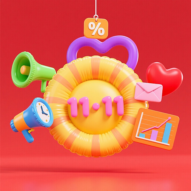 软3D风格的充气感设计，色彩明亮，卡通元素环绕“11·11”，传递喜庆与促销氛围，节日感十足。