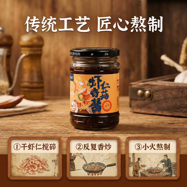 [主图 3] 制作工艺展示图，突出传统工艺
[氛围/风格] 复古质朴风，暖光氛围，体现手工感
[画面元素] 完整产品瓶身放置在木质背景前，画面展示制作工艺步骤：一炸、二炒、三熬制的图文说明，保留产品外预览效果