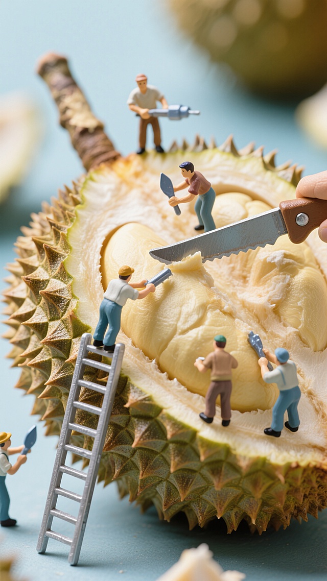 微观摄影，榴莲，几个小人儿在登着梯子在榴莲表面装修，用拿着工具在切割，是一个大工程