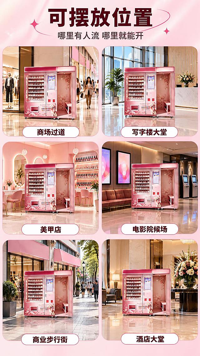 [商品] 使用【图1】全自动美甲机的同款机身缩小植入各场景：粉色机身、顶部发光字横条、左侧透明玻璃展示柜、中部售卖屏、右侧开放操作舱；机器在每格中的结构、配色、比例与参考图完全一致。
[画面] 电商详情页第10张，场景适配页。上方主标题“可摆放位置”，其下副标题“哪里有人流 哪里就能开”。下部为两行三列六格写实场景缩略图，每格内自然摆放一台同款机器：第一格商场过道（光洁地砖、店铺橱窗、往来人群）；第二格写字楼大堂（前台、玻璃幕墙、绿植）；第三格美甲店内（粉调装修、镜子、甲油架，招牌用简约粉色几何图形装饰，不写任何文字）；第四格电影院候场区（软座、取票机、素色海报灯箱，海报上只有抽象色块，不写文字）；第五格商业步行街（遮阳棚、店招牌为纯粉色块，不写文字、路人）；第六格酒店大堂（大理石地面、沙发、花艺）。每格均为明亮自然光或明亮室内光，机器有真实落地阴影与地面反射，与场景透视融合。场景中所有招牌、海报、灯箱、背景广告均为纯色块或抽象图案，不得出现任何文字（包括任何语言的字母）。每格下方为白色圆角小标签，深玫黑粗体中文依次为“商场过道”、“写字楼大堂”、“美甲店”、“电影院候场”、“商业步行街”、“酒店大堂”。
[视觉] 套系策略：风格=明亮写实场景摄影；标题字=现代无衬线粗体；正文字=简洁无衬线体；主色=暖白 #FFF7F9；背景延展=暖白到浅粉渐变加细腻珠光质感；强调色=玫红 #E8467C 仅用于小面积标签描边与序号；标题色=深玫黑；正文色=中灰棕；组件=白色圆角卡片配浅粉描边；光影=明亮环境光配真实接触阴影。
[文字] 标题不超过十字，副标题不超过十六字，标签为短词；画面内除六个中文场景标签与标题外，不得出现任何其他文字或字母；所有文字仅横排，不得竖排、旋转、斜排；画面底部不放任何文字条或小字。
[规格] 图片比例9:16竖版，2K高清，机器在场景中透视与光影自然、无白底残留，文字无乱码；负向：英文招牌，英文字母，背景文字，品牌名称，变形，错字，乱码，机器变形，机器裁切，白底残留，多余手指，面部畸形，黑色背景，深色背景，暗色调，水印，平台Logo，二维码，竖排文字，旋转文字，底部文字条，画面底部小字。