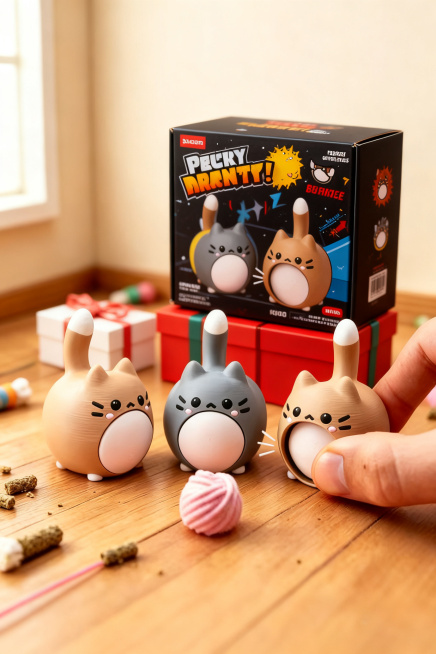 跨境电商主图，创意猫咪弹蛋解压慢回弹摆件，创意整蛊礼物场景，礼盒搭配展示，送朋友整蛊礼物氛围感，2:3主图构图，高清商业摄影预览效果