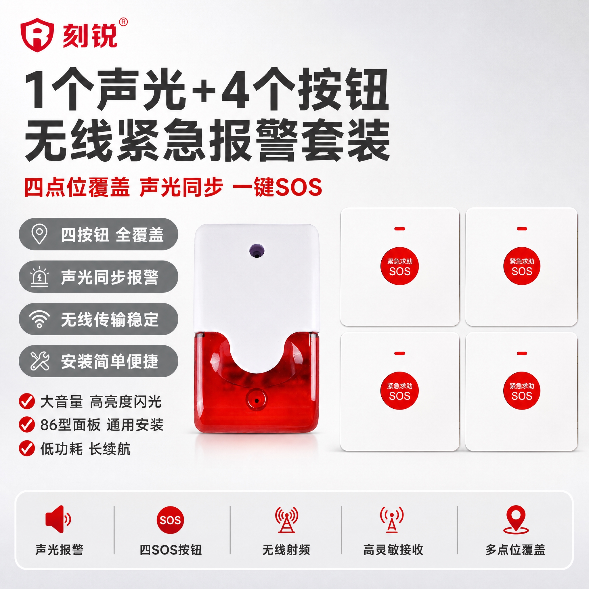 [单张主图] 1个声光+4个按钮（无线声光报警器+四SOS紧急… - 图片创意预览