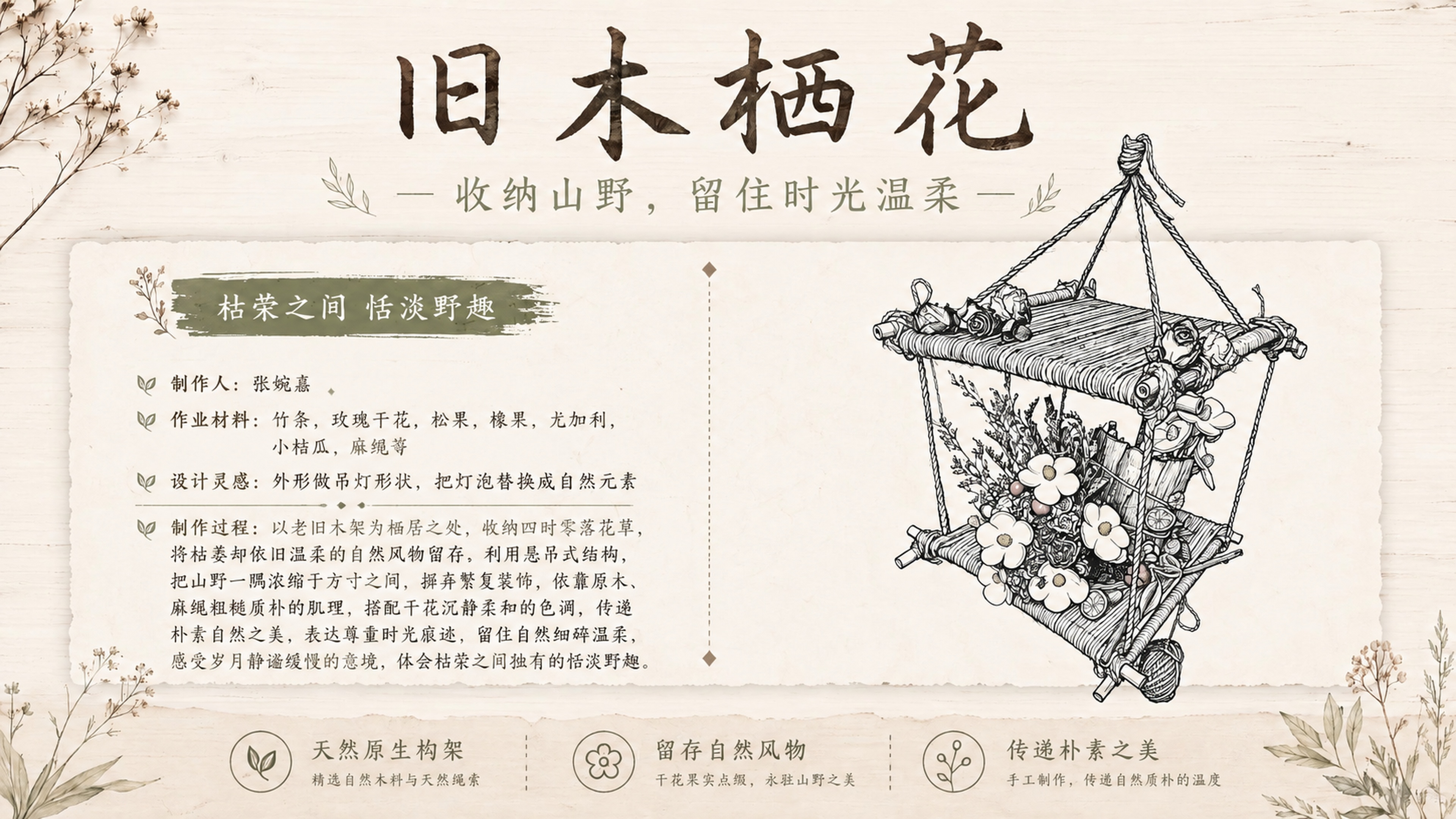 修改作品介绍展板的文字内容：保留主标题"旧木栖花"和副标题"收… - 图片创意预览