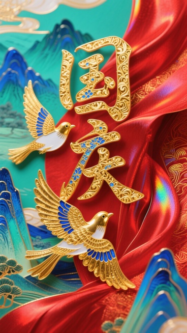 国潮风格庆祝国庆主题竖版海报，主体为“国庆”二字（采用金色刺绣质感，带有精致花纹纹理，部分笔画辅以蓝色刺绣点缀），搭配两只姿态灵动的金色和平鸽（翅膀有金属光泽与细腻羽毛细节）；背景是带有华丽织物纹理与预览效果