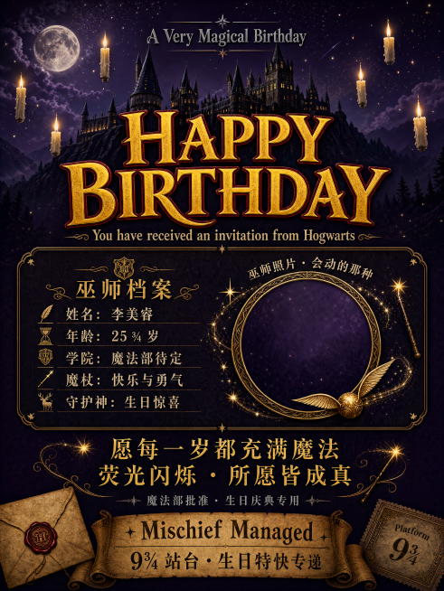 哈利波特风格竖版生日海报，整体背景颜色#1A0B2E深紫色，风格为魔法奇幻风。顶部：夜空加月亮，霍格沃茨城堡剪影，配文字"A Very Magical Birthday"，颜色银色，字体大小适中。主标预览效果