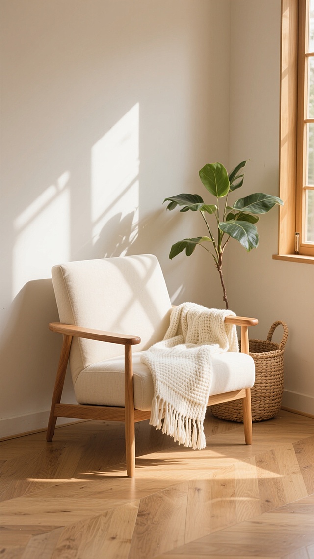 原木色扶手、米白色软垫的单人沙发，沙发上搭着带有流苏的米白色针织毯，沙发旁有一个编织篮，室内有一株绿色植物，暖色调阳光透过窗户洒入，在地面和墙上形成清晰的光影，整体呈现温馨、简约、自然的家居氛围，柔和的光线，明亮的环境，木质地板，浅色系墙面。
