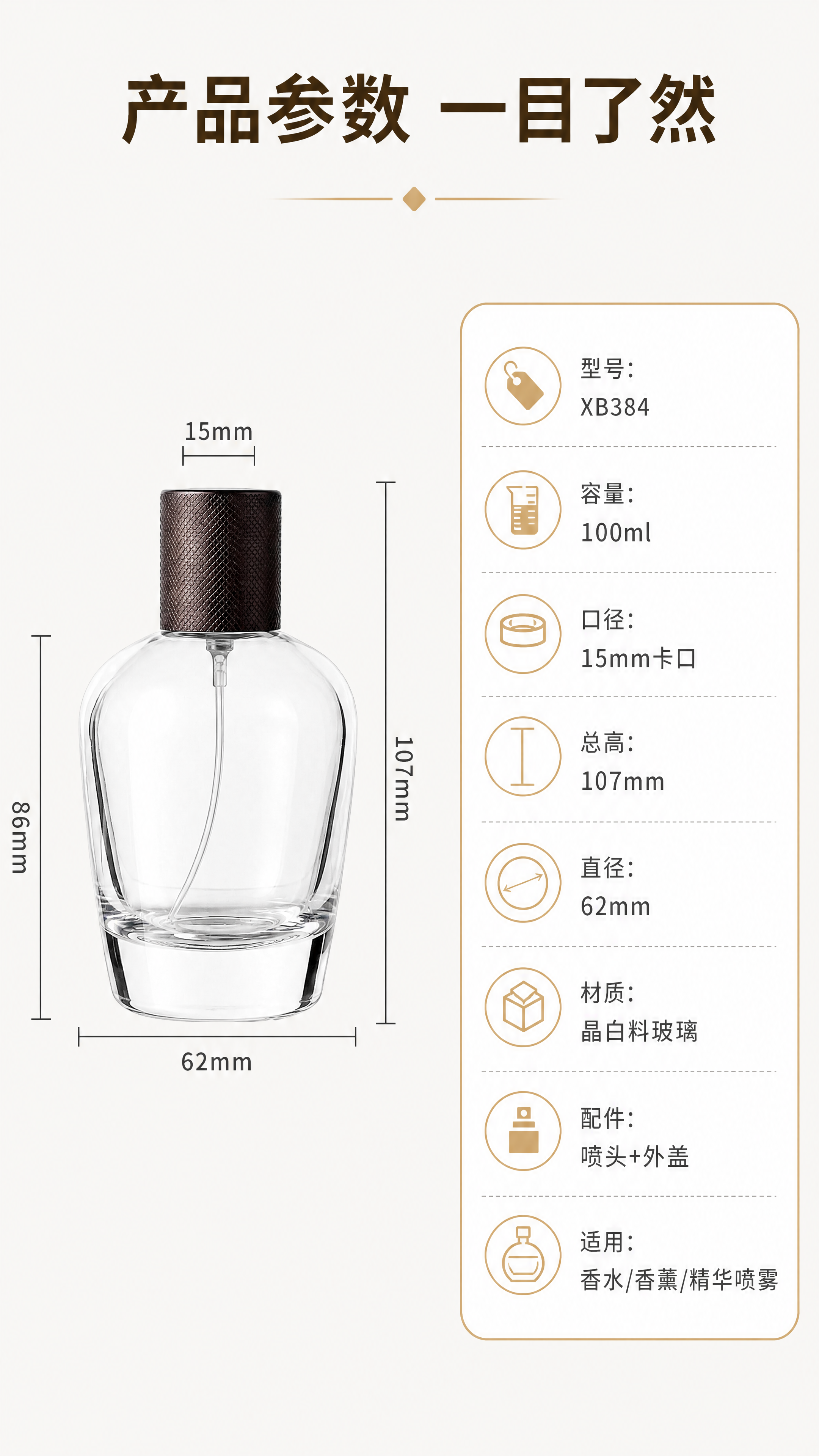 [商品] 使用【图1】中的100ml晶白料卡口玻璃香水瓶正面尺… - 图片创意预览