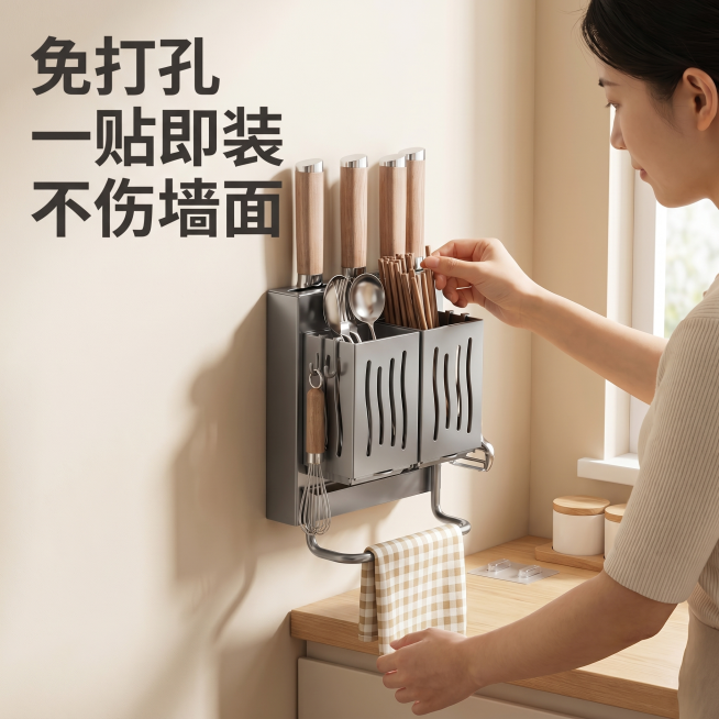 [主图4] 免打孔刀筷一体收纳架免打孔安装互动演示图，温馨舒适家居简约风格，抖音平台适配，中文文案。画面氛围为生活化的厨房安装场景，温暖家居自然光。画面中一位亚洲女性的手部正在将免打孔收纳架的背胶贴按预览效果