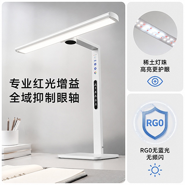 [主图-2] 梵星大师护眼台灯核心卖点展示图，局部特写核心功能；
[氛围风格] 专业简洁，科技感，突出功能卖点；
[画质] 商业摄影质感，产品清晰真实，画面干净高级；
[元素] 台灯主体完整展示，重点特写控制按键区域和发光灯头，保持产品外观结构颜色与原图一致。画面分两个模块：左侧大模块展示台灯开灯效果，右侧两个小模块展示核心卖点图标。商品主体占比约60%，背景为简约浅灰学习桌面；
[光影] 整体布光均匀，产品明暗清晰，材质质感表现细腻，灯头发光柔和不刺眼；
[配色] 主色调白色+浅灰+蓝色点缀，科技简约；
[视角构图] 正面平视，产品居中，模块分割清晰不拥挤；
[文字版式] 每个模块配短句卖点：左侧主模块大字体写"专业红光增益 全域抑制眼轴"，黑色粗体；右上模块写"稀土灯珠 高亮更护眼"黑色小字；右下模块写"RG0无蓝光 无频闪"黑色小字，文字清晰，排版规整，不遮挡产品主体；
[输出要求] 1:1比例，文字清晰可辨，超高清商业摄影质感；
[负向提示词] 变形，文字错乱，产品图模糊，背景杂乱，水印，电商平台Logo，遮挡产品主体