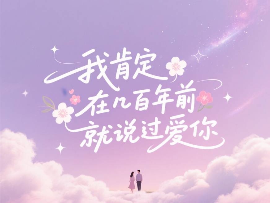 文字“我肯定 在几百年前 就说过爱你”，厚底涂鸦字体。创意字体，花朵元素，淡粉色梦幻星云，淡紫色光晕，如棉花般柔软的云，远处隐约有一男一女，浪漫七夕氛围。预览效果