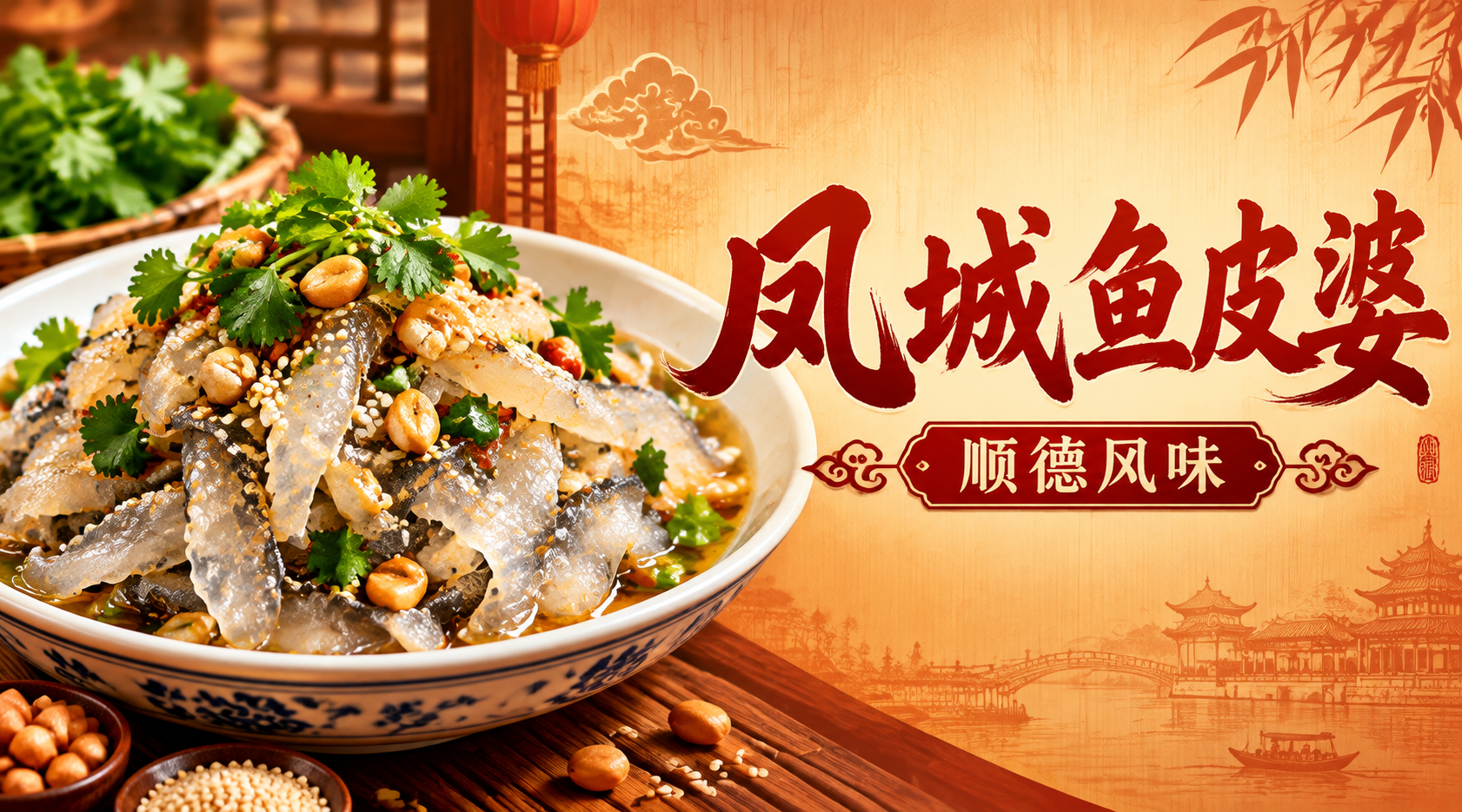 餐饮店招横幅设计，店名"凤城鱼皮婆"，顺德鱼皮专门店。横版构图… - 图片创意预览