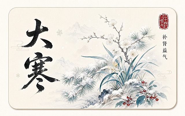 中国风24节气之大寒卡片，圆角矩形白底卡片，左侧大字书法体写"大寒"，右侧竖排小字写"补肾益气"，背景有水彩风格的大寒时节植物插画，右上角有红色印章图案，整体风格清新雅致，国潮古风，米白色背景，精致细腻