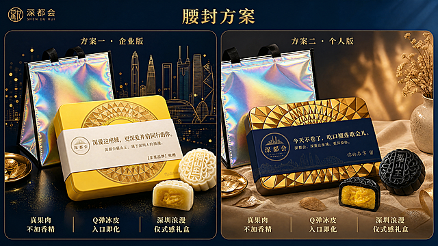 参考图一和图二的腰封实物展示风格，将图三的两个腰封方案重新设计为真实产品摄影质感的腰封展示效果，整体风格参考图一图二的高端礼盒摄影质感：

左侧方案一·企业版腰封（参考图一风格）：
- 黄色铁盒礼盒，白色/米白色腰封
- 腰封主文案（大字居中）：深爱这座城，更深爱并肩同行的你。
- 腰封副文案（小字，主文案下方）：深都会猫山王，属于深圳人的浪漫。
- 腰封右下角落款（烫金或压印风格）：[某某品牌] 敬赠
- 腰封左侧有深都会圆形logo
- 背景为深蓝色深圳城市天际线线条，金色光斑点缀，整体高端大气
- 旁边搭配镭射保温袋、月饼实物（完整+切开露出榴莲内馅）
- 底部保留三个卖点栏：真果肉不加香精、Q弹冰皮入口即化、深圳浪漫仪式感礼盒

右侧方案二·个人版腰封（参考图二风格）：
- 金色几何图案铁盒，深蓝色腰封，腰封上有深圳城市天际线线条图案
- 腰封主文案（大字，偏左或居中）：今天不卷了，吃口榴莲歇会儿。
- 腰封副文案（小字，主文案下方）：深都会，深爱这座城，更深爱你。
- 腰封右下角落款（手写体风格）：[你的名字/昵称] 留
- 腰封左侧有深都会圆形logo
- 场景为米色布艺桌面，搭配金色碟子、干花、枯叶等装饰，暖调光影
- 旁边搭配黑刺榴莲冰皮月饼（黑色饼皮+黄色榴莲内馅）、镭射保温袋

整体画面左右分栏展示两个方案，顶部保留"腰封方案"大标题，左上角保留深都会logo，整体为高端产品摄影质感，光影精致，材质真实，文字清晰准确。
