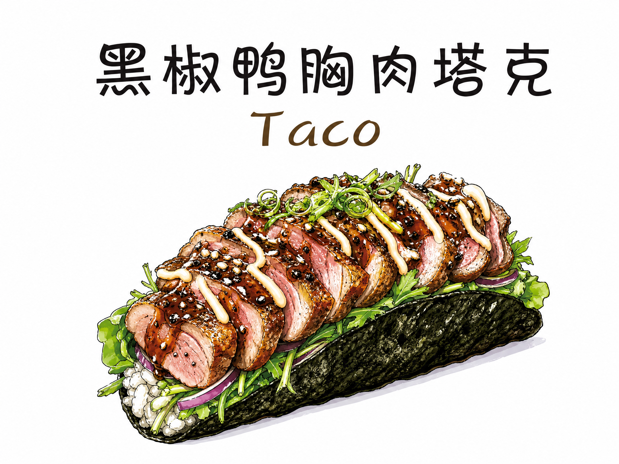 黑椒鸭胸肉塔克，和参考图相同的手绘美食插画风格，黑色海苔紫菜饼… - 图片创意预览