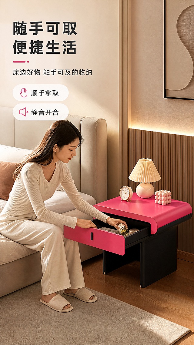 [商品] 使用【图1】DL-8804床头柜；保留产品造型、颜色、材质、结构不变；商品处理：增强漆面质感和金属光泽，保持产品原貌。
[画面] 目标：真人使用沉浸体验，展示床头柜在卧室中的真实使用场景。构图：场景满铺，人物侧身入画，床头柜置于床边。主体位置：画面中右侧，床头柜为视觉焦点。主体占比：产品约占画面35%。摆放角度：正面微侧45度。景别：中景。阅读动线：从人物到产品。前中后景：前景人物手部、中景床头柜与床沿、后景卧室背景。场景：温馨卧室，亚洲女性坐在床边，手拉开床头柜抽屉取放物品，自然真实的使用状态。
[视觉] 套系策略：风格=现代轻奢高级家居商业摄影；标题字=现代无衬线粗体；正文字=简洁无衬线体；主色=玫红+深黑+暖米；背景延展=基于暖米灰做深浅层级、同色渐变和细腻墙面/织物质感；强调色=玫红色，仅用于小面积图标、引线和标签；标题色=深炭黑；正文色=中暖灰；组件=圆角浅底信息卡、细线引线、胶囊卖点框；光影=午后暖自然光，柔和温馨。
[文字] 左上压角文案：主标题「随手可取 便捷生活」，副标题「床边好物 触手可及的收纳」，配2个短卖点：「顺手拿取」「静音开合」，文字不遮挡人物脸部和产品主体。
[规格] 图片比例9:16竖版，4K分辨率，淘宝/天猫移动端适配，亚洲模特，避免变形、错字、文字过小、冷蓝/蓝灰背景、产品颜色改变、结构失真、极限词。