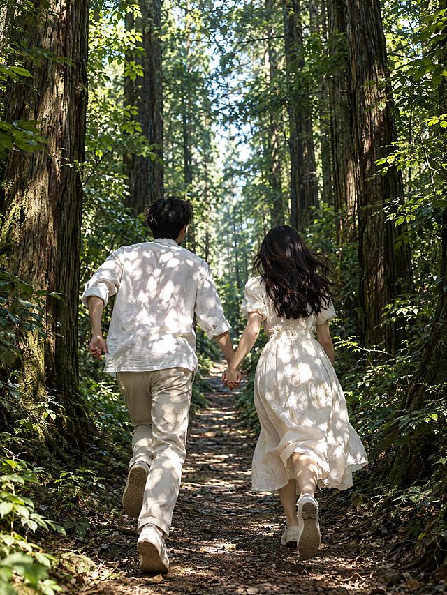 竖版3:4写实电影静帧：高大树木之间的窄路，情侣牵手向前小跑，镜头从背后拍摄，斑驳日光透过树叶落在浅色衣服上。画面中无文字、无水印、无标志、无logo、无字幕。超高清2K画质，细节丰富。