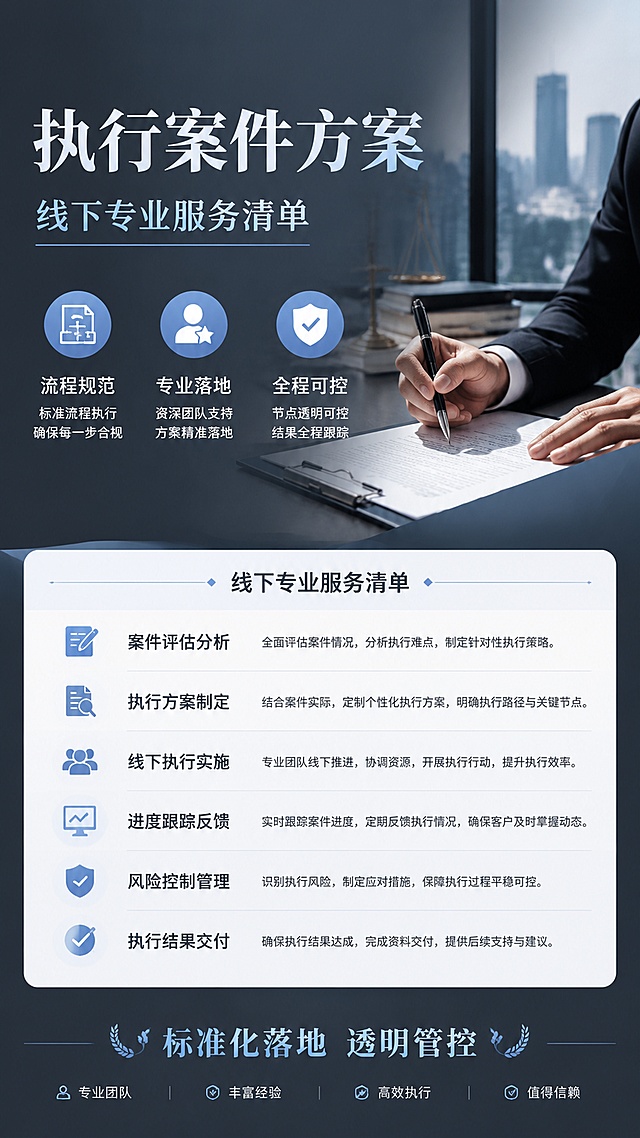 商务简约专业风格的线下执行案件方案服务清单海报，画面整体简洁大气，采用深灰+浅蓝的商务配色，版式精美清晰。主标题"执行案件方案"，副标题"线下专业服务清单"，三个卖点分别为"流程规范"、"专业落地"、"全程可控"，装饰文案为"标准化落地 透明管控"，所有文字清晰可读，分区排版，体现专业商务服务的信任感。写实商业摄影风格，信息层级分明，留白适当，整体色调沉稳专业。