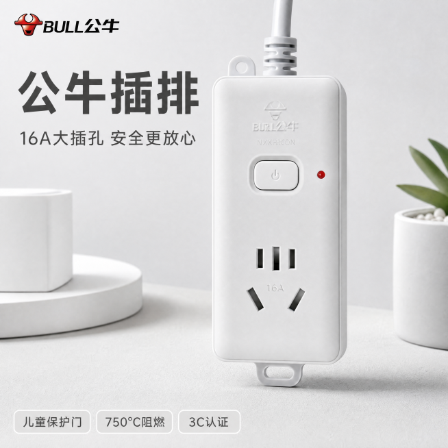 [主图-1]公牛插排首图，展示产品整体外观融入简约桌面场景。
[氛围风格]简约灰白，干净实用的家居氛围；
[画质]商业摄影质感，光线柔和通透，产品清晰真实，画面干净高级。
[元素]公牛插排产品居中展示预览效果