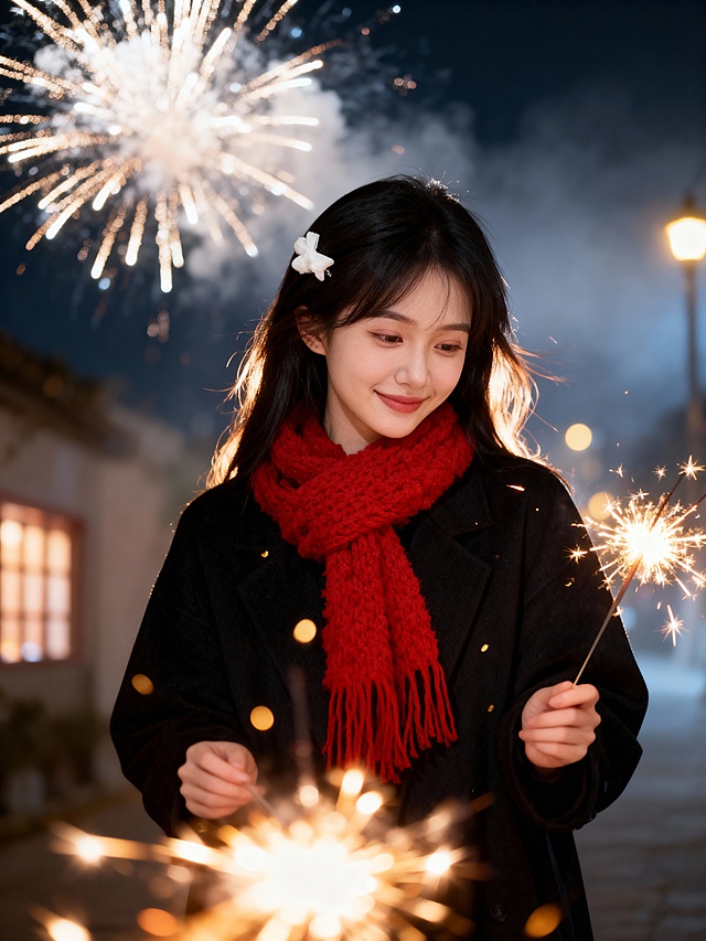 中式庭院夜景中，少女手持烟花棒，红围巾映衬喜庆氛围，光影交错间尽显温馨梦幻，粒子飞舞如星河倾泻，实景感与烟花风交织，营造出浓厚节日气息。