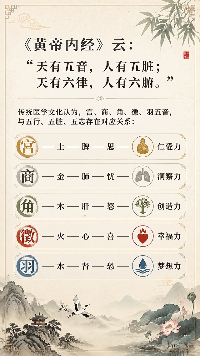 设计一张9:16竖版内容种草海报，风格为国风新中式，淡雅宣纸色古风底色，与前一张内容图保持一致底色。画面中必须完整呈现以下文字，一字不差：
"《黄帝内经》云： “天有五音，人有五脏；天有六律，人有六腑。”
传统医学文化认为，宫、商、角、徵、羽五音，与五行、五脏、五志存在对应关系：
宫——土——脾——思——仁愛力
商——金——肺——忧——洞察力
角——木——肝——怒——创造力
徵——火——心——喜——幸福力
羽——水——肾——恐——梦想力"
所有文字清晰可读，排版整齐分点，四边留足边距。无需添加二维码。画面中所有信息区域必须填充完整合理的内容，不得出现空白框、空白占位。版式精美，国风新中式风格，整体色调淡雅清新。