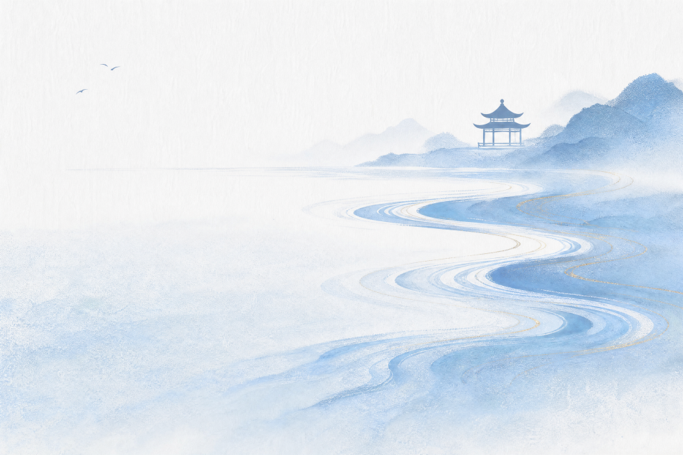 保持原图淡雅水墨意境，蓝色山水与远处亭子，带金线渐变河流，延续极简国风风格预览效果