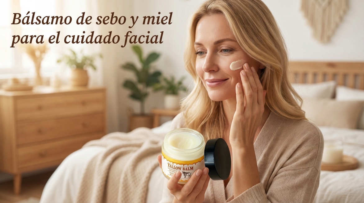 欧美女性正在将图中的牛油蜂蜜润肤霜涂抹在面部，背景温馨柔和，画面配西班牙语文案 "Bálsamo de sebo y miel para el cuidado facial"，产品主体特征不变预览效果