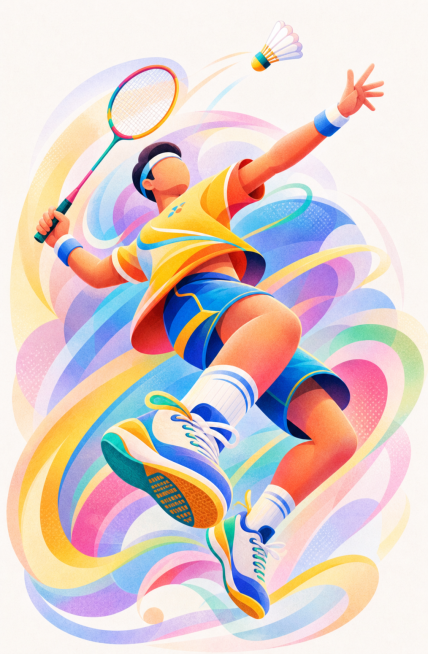发力艺术风格，参考原图人物形象和色彩插画风格，生成打羽毛球的人物形象，活力动感预览效果