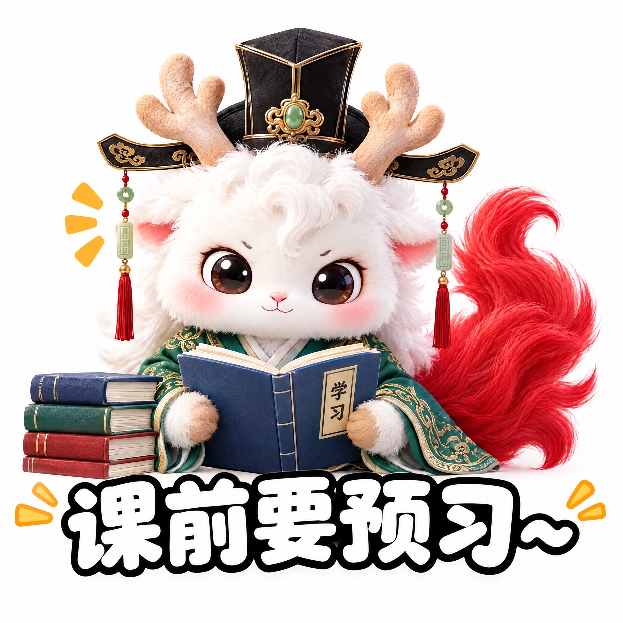 参考图中的白色鹿角神兽（穿绿色汉服、戴黑色官帽、红色尾巴），做… - 图片创意预览