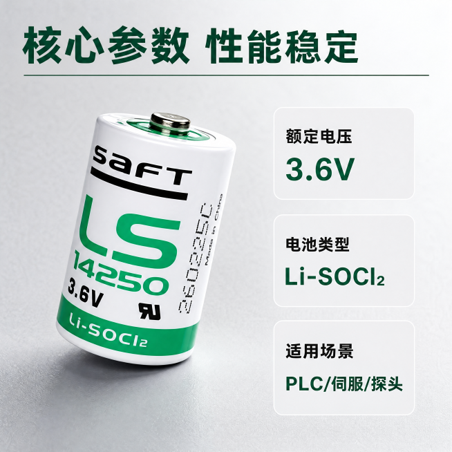 [主图-2]SAFT LS14250锂电池核心参数展示图，3C数码工业科技风格。画面保持电池产品外观（物理结构、材质质感、颜色）与输入产品图绝对一致，杜绝任何变形和色差，精细化处理。采用UI分区Ben预览效果