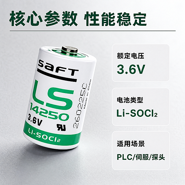 [主图-2]SAFT LS14250锂电池核心参数展示图，3C数码工业科技风格。画面保持电池产品外观（物理结构、材质质感、颜色）与输入产品图绝对一致，杜绝任何变形和色差，精细化处理。采用UI分区Bento栅格风格，主体电池斜放15度在左侧主区域，右侧分三张小卡片分别展示核心参数。背景为浅灰磨砂质感台面，带微弱体积光。商业摄影质感，C4D超写实渲染，清晰真实，高级干净。光影为冷调主光，金属极头高光清晰，塑料外壳材质对比分明。主色调浅灰+产品白绿。文字版式：顶部大标题写"核心参数 性能稳定"，粗体深绿色，左对齐；左侧主图放产品本体，右侧三个参数卡片，每个卡片圆角浅灰底，标题加粗：卡片1标题"额定电压"，内容"3.6V"；卡片2标题"电池类型"，内容"Li-SOCl₂"；卡片3标题"适用场景"，内容"PLC/伺服/探头"。全部文字清晰对比强烈，信息层级分明。1:1 比例，4k 分辨率，文字清晰可辨，超高清。负向提示词：变形，水印，文字错乱，产品图模糊，背景杂乱。