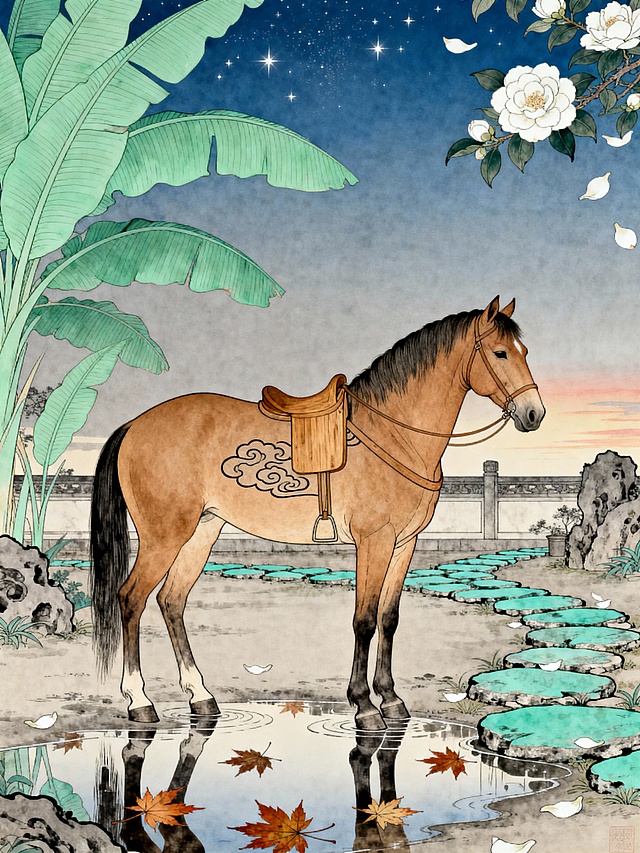 复古风格，特写一匹浅棕色唐马（佩戴简约木色马鞍，带细线云纹），静立沉思的定格瞬间。场景为浅绿色叶子叶与青石小径的禅意庭院，地面有浅浅积水，倒映枫叶与马影。天空为淡蓝灰色的清晨天空，有稀疏晨星与柔和曙光。周围点缀白色山茶花，花瓣轻落。整体画面宁静、空灵、禅意十足