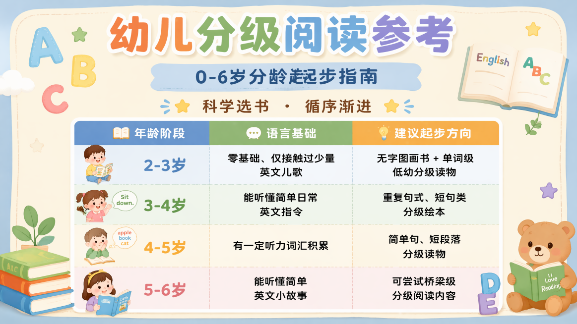 设计一张卡通风格的幼儿分级阅读参考信息海报，不过分卡通幼稚，添加字母、书本等英语相关装饰元素。主标题文字为"幼儿分级阅读参考"，副标题文字为"0-6岁分龄起步指南"，装饰文字为"科学选书 · 循序渐进预览效果