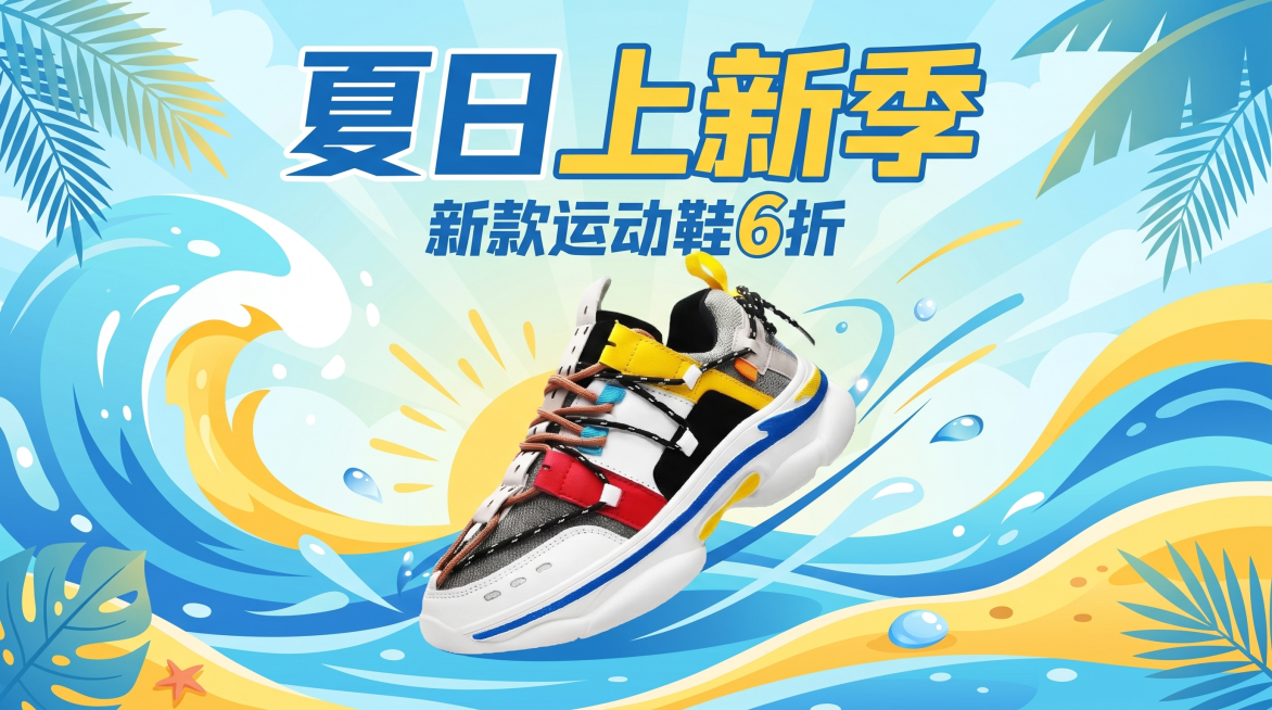 电商海报，主标题"夏日上新季"，副标题"新款运动鞋6折"，图片主体为拼色厚底老爹运动鞋，夏日清爽运动风格背景，蓝黄配色，潮流设计，商品主图海报预览效果