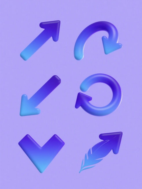 6个不同造型的抽象箭头符号组成的系列素材集合，每个箭头均保持光滑曲面3D立体风格、渐变色彩填充、高光与阴影立体效果，整体采用纯色背景，箭头造型分别为：向右上弯弧箭头、向左下斜直箭头、圆形回旋箭头、分叉双箭头、三角形箭头、带尾羽箭头，所有箭头规整对称排布，画面整体色彩变换为蓝紫渐变色调，保持现代简约设计感和视觉一致性。预览效果