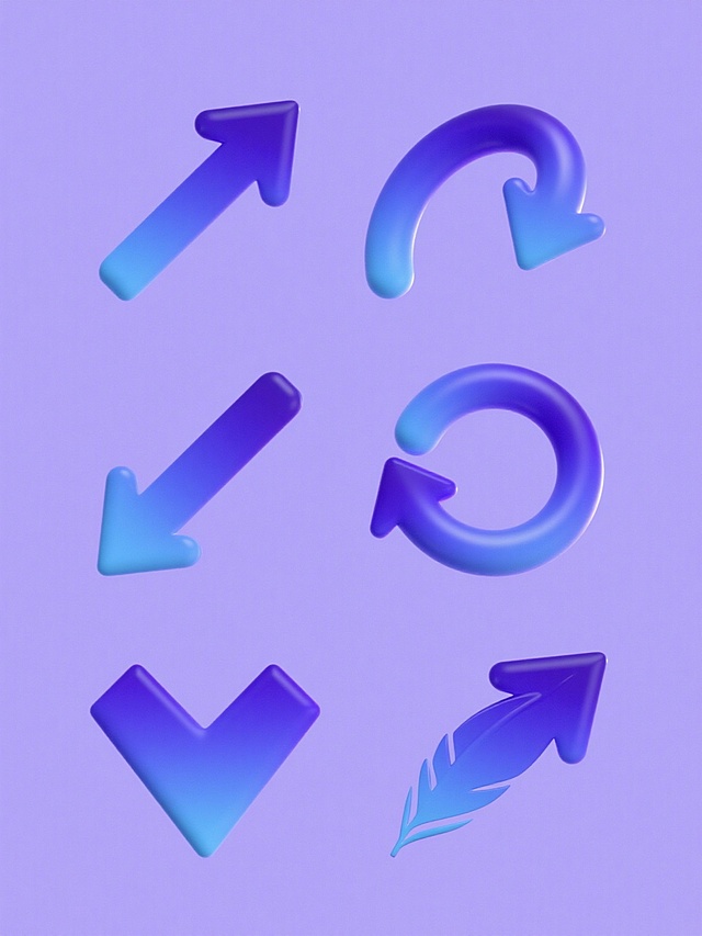 6个不同造型的抽象箭头符号组成的系列素材集合，每个箭头均保持光滑曲面3D立体风格、渐变色彩填充、高光与阴影立体效果，整体采用纯色背景，箭头造型分别为：向右上弯弧箭头、向左下斜直箭头、圆形回旋箭头、分叉双箭头、三角形箭头、带尾羽箭头，所有箭头规整对称排布，画面整体色彩变换为蓝紫渐变色调，保持现代简约设计感和视觉一致性。