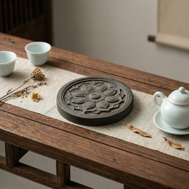 将这个莲花纹理的黑色圆形陶瓷茶杯底托放置在新中式实木茶桌上，搭配素雅白瓷茶具，自然柔和自然光，禅意茶室风格，商业产品摄影，高清质感预览效果