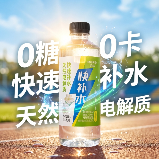 迈格焕补水电解质水饮料电商主图，产品放置在户外运动场场景背景，阳光活力风格，突出产品0糖0卡快速补水卖点，设计感强，画面干净突出产品，比例1:1预览效果