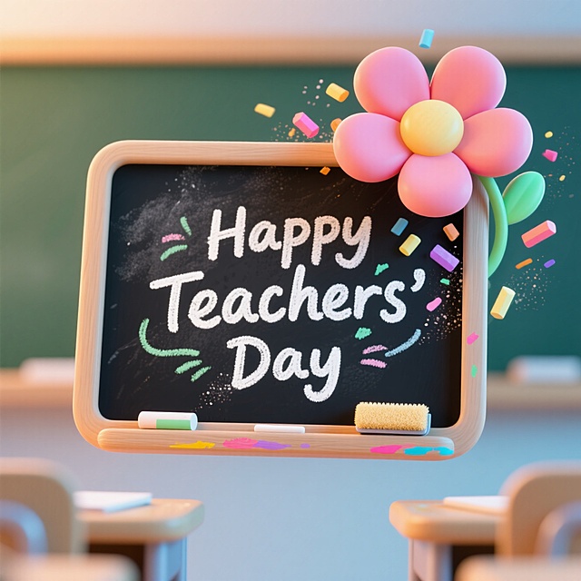 插画风黑板，轻拟物花朵点缀，清新可爱，庆祝教师节。