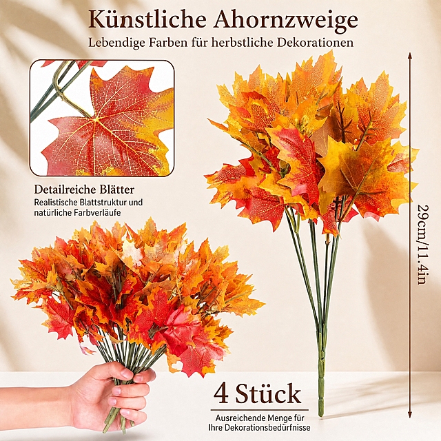 Change all text in this product infographic to natural fluent German suitable for Amazon Germany customers, replace "4pcs" with "4 Stück", keep "29cm/11.4in" dimension label as is, keep all product images and layout unchanged, warm beige background, clean commercial infographic layout, realistic autumn maple leaf stems, sharp focus, professional Amazon product photography, 1:1 square composition, ultra clear