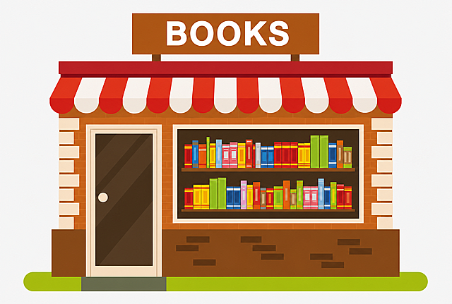 参考原有平面插画风格，绘制一间独立书店店铺，招牌写着文字"BOOKS"，店铺墙面为砖纹设计，红白色遮阳篷，橱窗有两层书架摆满书籍，去掉图片中的水印，保持整体扁平化风格