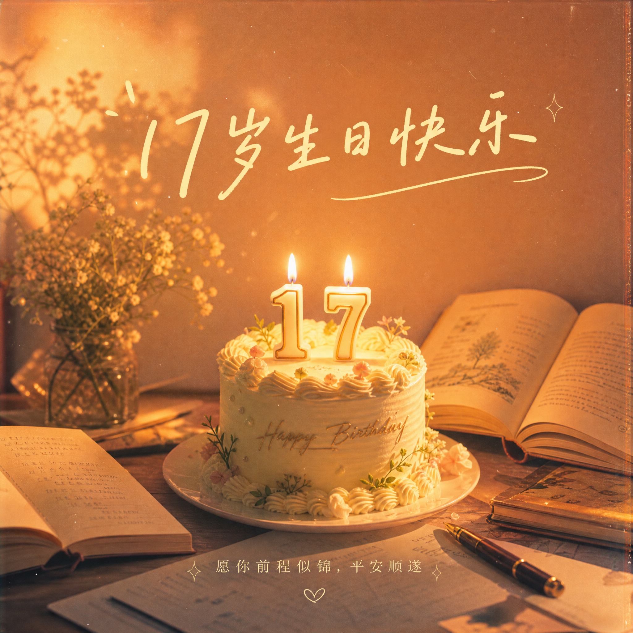 一张温暖文艺风格的17岁生日祝福朋友圈配图，画面中央有一个精致… - 图片创意预览