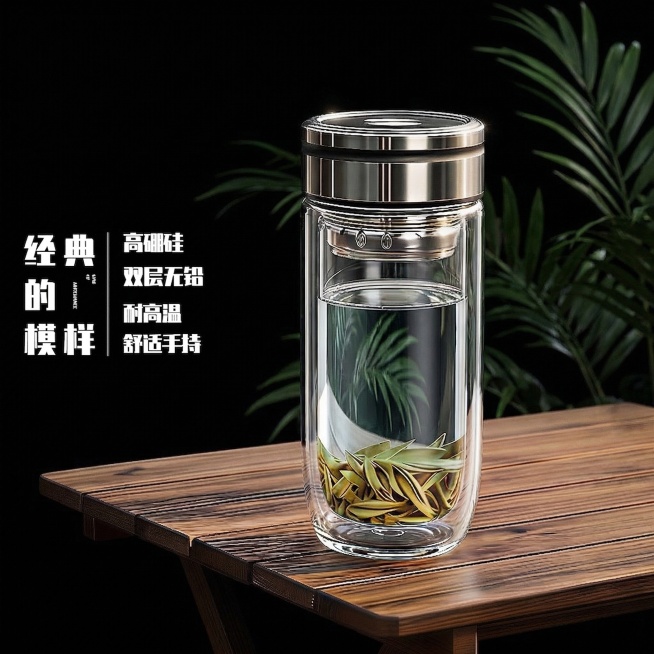 保持玻璃杯整体结构、杯内茶叶形态完全不变，更换为纯黑色简约主题背景，背景点缀绿植营造雅致氛围，将左侧文字放大两个号，清晰醒目，升级双层玻璃通透度，透过玻璃和茶水可清晰看到后方场景，大师级灯光效果，玻璃预览效果
