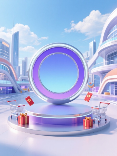 C4D渲染的未来城市景观，建筑由曲线和几何形状构成，场景中心是蓝紫渐变并点缀银色边框的圆形底座结构，底座面为空，两侧放置红包、礼盒、购物车元素，整体营造营销热闹氛围，背景为蓝天白云，主体圆形底座大特写预览效果