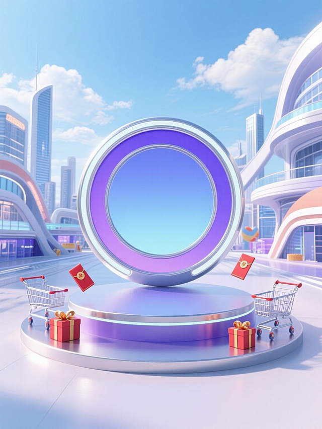 C4D渲染的未来城市景观，建筑由曲线和几何形状构成，场景中心是蓝紫渐变并点缀银色边框的圆形底座结构，底座面为空，两侧放置红包、礼盒、购物车元素，整体营造营销热闹氛围，背景为蓝天白云，主体圆形底座大特写，放大以增加层次感