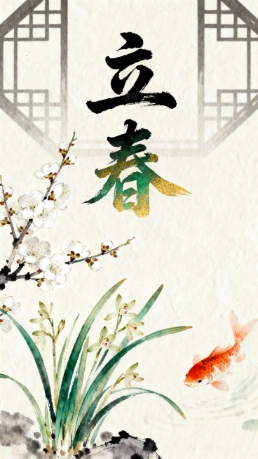中国风立春海报，“立春”二字为端庄大气的毛笔书法字，墨色中带有淡淡金绿渐变。背景是素雅的米白宣纸质感，搭配传统窗棂剪影。元素包含绽放的白梅、初生兰草、象征吉祥的锦鲤。整体风格古典雅致，色彩柔和，具有水预览效果