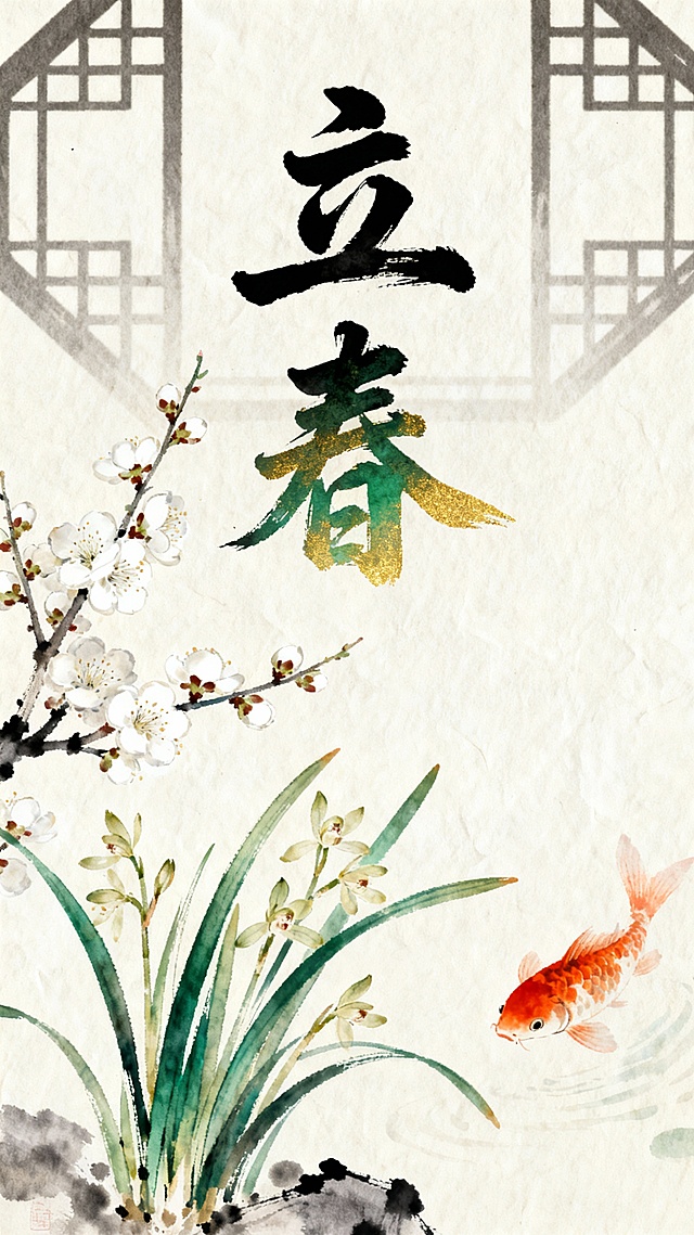 水墨风融合工笔细腻，立春二字以大字风呈现，绿金渐变寓意生机，梅花、兰草与锦鲤点缀，古典清新，尽显中式雅韵。